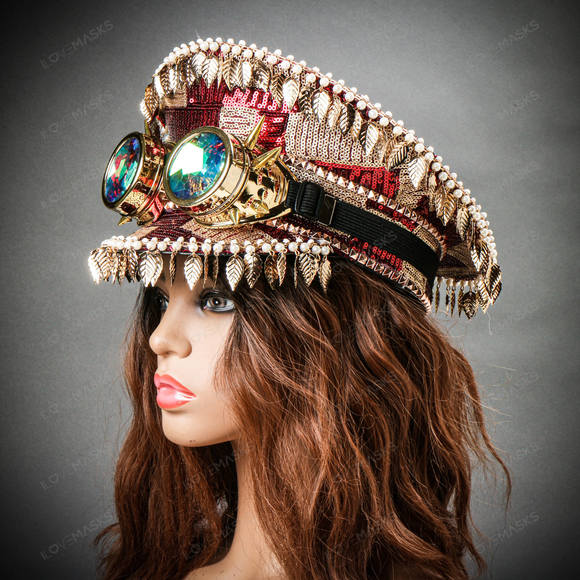 Steampunk Burning Man Party Captain Hat w/ Kaleidoscope 3D Goggles Red Gold - Picture 5 of 11